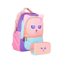 Kaukko Okul Çantası Ve Üç Bölmeli Kalemlik Seti - Pembe Turkuaz - Sevimli Kedi Şekilli Pembe - Turkuaz