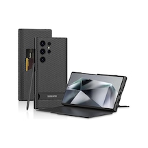 Zore Galaxy S24 Ultra Kılıf Kamera Korumalı Karbon Tasarım Nvth Droga Standlı Kartlıklı Kapaklı Kılıf-siy Siyah Karbon
