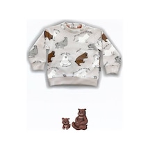 Zekids Erkek Bebek Ayıcık Baskılı Sweatshirt-14647 Taş