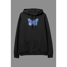 Startmore Oversize Mavi Boya Kelebek Temalı Tasarım Baskılı Unisex Kapüşonlu Sweatshirt Hoodie Beyaz Siyah