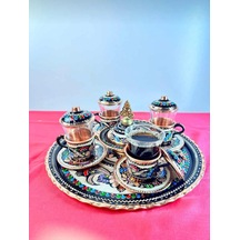 4lü Bakır Çay Ve Fincan Takımı,lokumluk,yuvarlak Tepsi