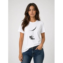 Modi Green New Astronot Ay Temalı Tişört Kısa Kol Yazlık Bisiklet Yaka T-shirt - Beyaz