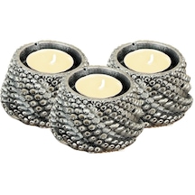 Şamdan Dekoratif Mumluk Şamdan Set 3 Lü Üçlü Tealight Uzun Mum Uyumlu Ejder Yumurtası Model - Gümüş Eskitme