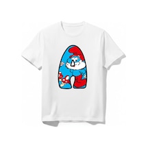 Urbantrendstore Şirinleer Baş Harf Temalı Baskılı Unisex Kız Çocuk Erkek Çocuk Bisiklet Yuvarlak Yaka Basic Kısa Kollu %100 Pamuk Tişört Beyaz