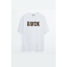 - Unisex Rock Baskılı Beyaz Oversize T-shirt Beyaz