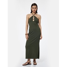 Koton Bürümcük Kumaş Slim Fit Boncuk Detaylı Halter Yaka Maxi Elbise Haki 5sak80135ek Haki