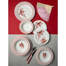 Red Bird - Bonsai Yemek Seti 24 Parça Beyaz - Kırmızı