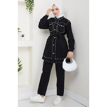 Hb Harma Time Butik Kadın İnci Detaylı Kemerli Siyah Kot Takım Siyah Siyah