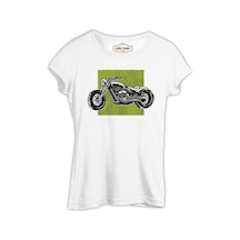 Motorcycle On A Green Background Beyaz Kadın Tshirt 001