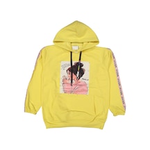 İrem Çocuk Giyim Kız Çocuk Kahve Içen Kız Desenli Kanguru Cepli Kapüşonlu Kolları Şeritli Sarı Renk Sweatshirt Sarı