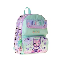 Kaukko Kids Kız Çocuk Mor Kedi Desenli Okul Çantası - Yeşil - Mor - Meow - L5288 Çok Renkli