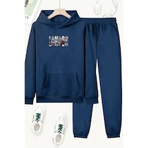 Unisex Lacivert London Baskılı Eşofman Kapüşon- Kışlık Şardonlu Kumaş Lacivert
