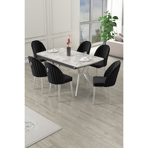 Canisa Sim Serisi 89x150 Açılabilir Lak Panel Rampla Gri Masa Takımı 6 Siyah Sandalye Beyaz Mermer Desen Masa Sandalyeler Siyah