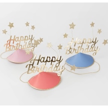 Meri Meri - Happy Birthday & Stars Party Hats Foıl - Happy Birthday & Yıldızlar Parti Şapkaları 6'lı Çok Renkli