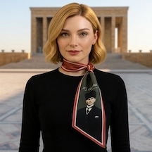 Mavi Masal Atatürk İmzalı Kadın Fular Atatürk Portreli Kadın Fular Kırmızı - Siyah