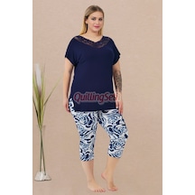 Lady Lacivert Beyaz Renk, Çiçek Desenli 10734 Pamuklu Büyük Beden Tayt Ve Kapri Anne Pijama Takımı - 4xl Lacivert - Beyaz
