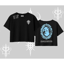 Tarzsokak Çerçeveli Kedi Baskılı Oversize Crop Tshirt Siyah