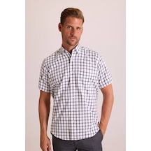 Erkek Gri Kısa Kol Regular Fit Yaka Düğmeli Kareli Gömlek