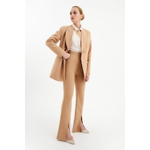 Sateen Yırtmaç Detaylı İspanyol Pantolon - Camel