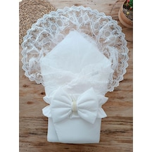 Yenidoğan Yakamoz Kumru Model Dantelli Taşlı Fiyonk Bebek Battaniyesi Kundak Ekru