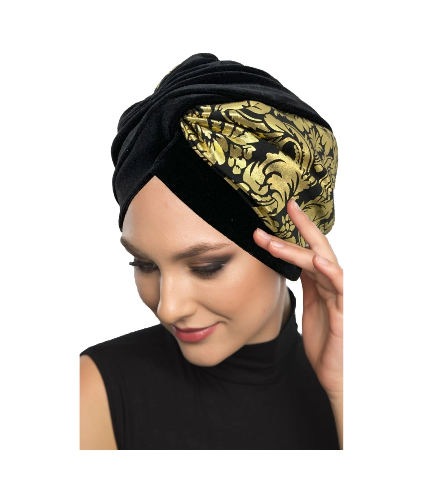 Kadife Özel Tasarım Osmanlı Motif Siyah Hazır Türban Tesettür Bone Siyah