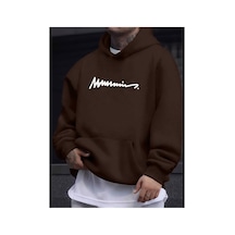 Medinenur Erkek El Yazılı Baskılı Kapüşonlu Sweatshirt Kahverengi