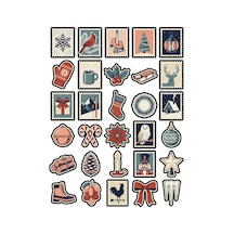 30 Adet Vintage Kış Temalı Pul Sticker Seti - Ajanda Defter Laptop İçin Çok Renkli