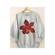 Herkesemoda Kırmızı Orkide Baskı Detaylı Bisiklet Yaka Sweatshirt Gri