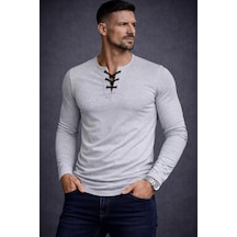 Bybülent Özel Üretim Haki Yeşil İpli Yaka Dar Kesim Uzun Kollu Geniş Yaka Bisiklet Yaka Tişört Tshirt