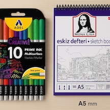 A5 Eskiz Defteri + Multisurface 10'lu Kalın Uçlu Set Çok Renkli