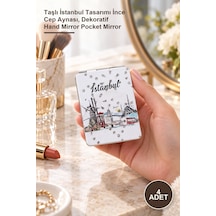 4 Adet El Aynası Taşlı İstanbul Tasarımı İnce Cep Aynası, Dekoratif Hand Mirror Pocket Mirror Sarı