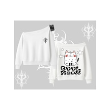 About Blank Tarzsokak Cool Meow Yazılı Sevimli Kedi Arka Baskılı Kayık Yaka Sweatshirt, Beyaz, L Acı Kahverengi