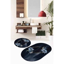 Lacivert Çiçek Temalı Oval Banyo Klozet Paspas Seti Bs095n11