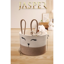 Jasper Bej Tekli Jüt İp Tavşan Tasarımlı Çok Amaçlı Çocuk Odası Oyuncak Kıyafet Kirli Sepeti Organizer 24x24 Beyaz