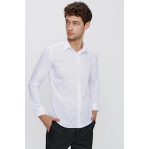 İmza Beyaz Uzun Kollu Bez Ayağı Sert Yaka Cepsiz Pamuklu Basic Slim Fit Dar Kesim Gömlek 1004240057-beyaz Beyaz