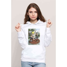 Anime Naruto Moon Baskılı Beyaz Kadın Kapşonlu Sweatshirt