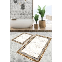 Dijital Baskı Çerçeveli Kaymaz Taban 2li Set Banyo Paspası Klozet Takımı 50x60cm-60x100cm Gold