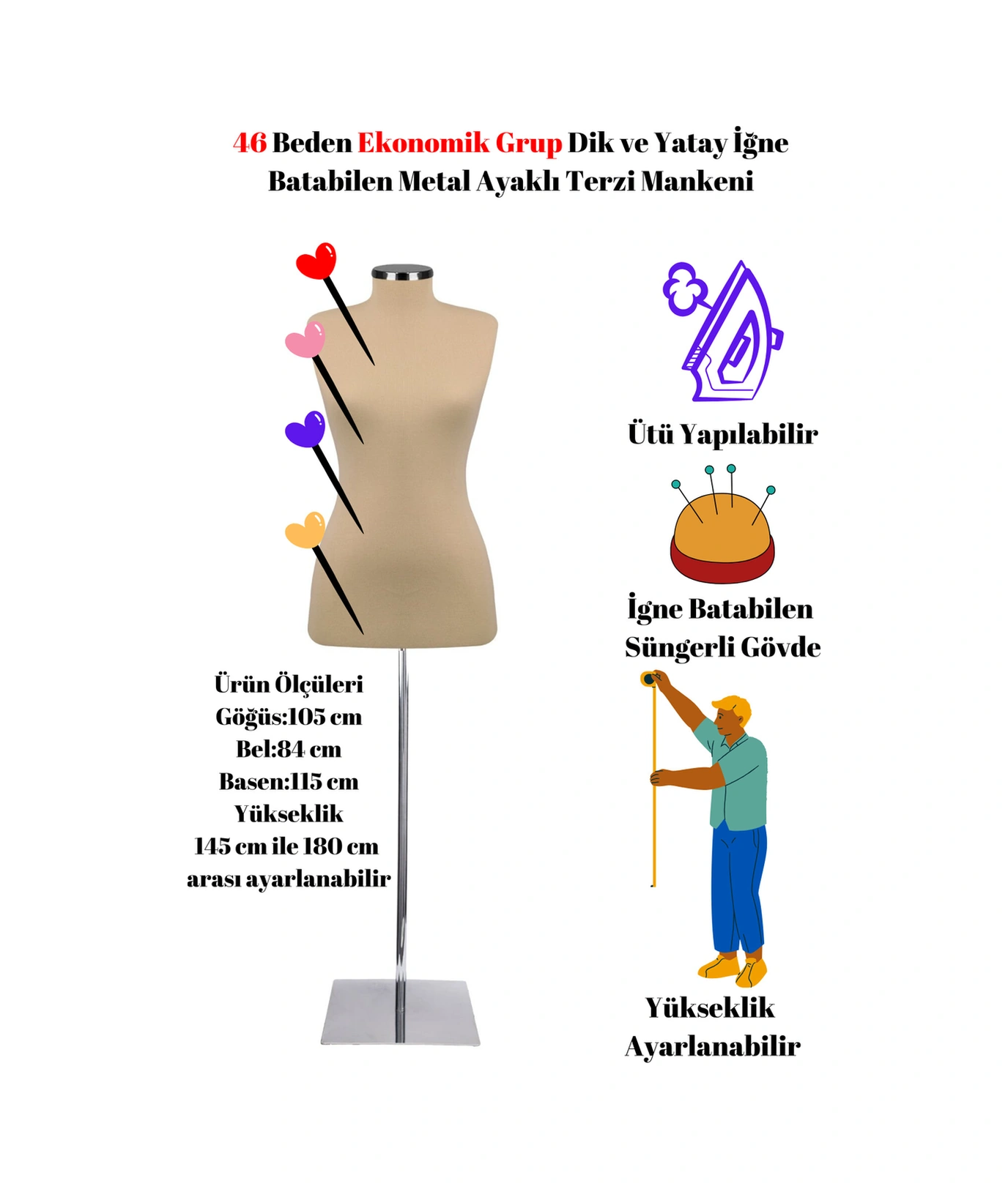 Ekonomik 46 Beden Dik Ve Yatay Iğne Batabilen Sünger Metal Ayaklı Terzi Mankeni Po-01 0002