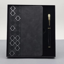 Hubrendy Emin Desenli Siyah Deri Defter Kalem Set