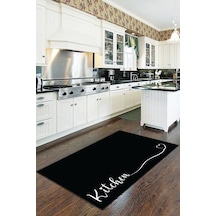 Siyah Kaymaz Tabanlı Kitchen Yazılı Mutfak Halısı Yolluk Vh089n11