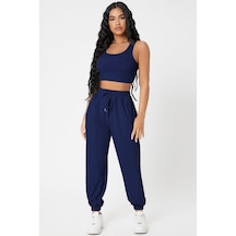 Ang Butik Kadın Lacivert Kaşkorse Cepli Jogger Eşofman Altı Ve Crop Top Bluz