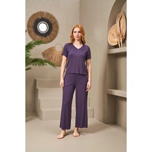 Pjs 25109 Kadın V Yaka Kısa Kollu Bol Paçalı Pijama Takım Mor