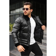 Exclusive Düğme Detaylı Tasarım Deri Şişme Mont Siyah