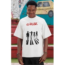 Gorillaz Rock Metal Müzik Grubu Ön Baskılı Unisex Oversize Tişört Beyaz