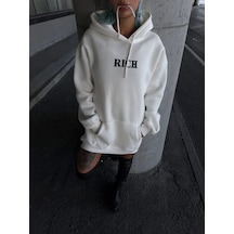 Yake Store Uzun Kol Kapşonlu Göğüs Baskılı Sweatshirt - Beyaz - Beyaz