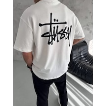 Modi Green Baskılı Unisex Günlük Stil Beyaz Abstract Sanat Oversize Tişört