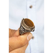 Oval Kaplan Gözü Taşlı Yıldız Desenli Gümüş Erkek Yüzük -8444 Gümüş