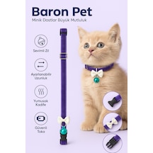 Baron Pet Kedi Boyun Tasması Zilli Fiyonklu Ayarlanabilir Güvenlik Tokalı Kadife - Mor