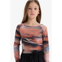 DeFacto Kız Çocuk Slim Fit Dar Kesim Kaçık Yaka Uzun Kollu Tişört D9268A825SPBG387 Bej