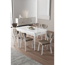 Canisa Exve Serisi 80x132 Açılabilir Beyaz Masa Takımı Ve 6 Cappucino Sandalye Masa Beyaz Sandalyeler Cappucıno